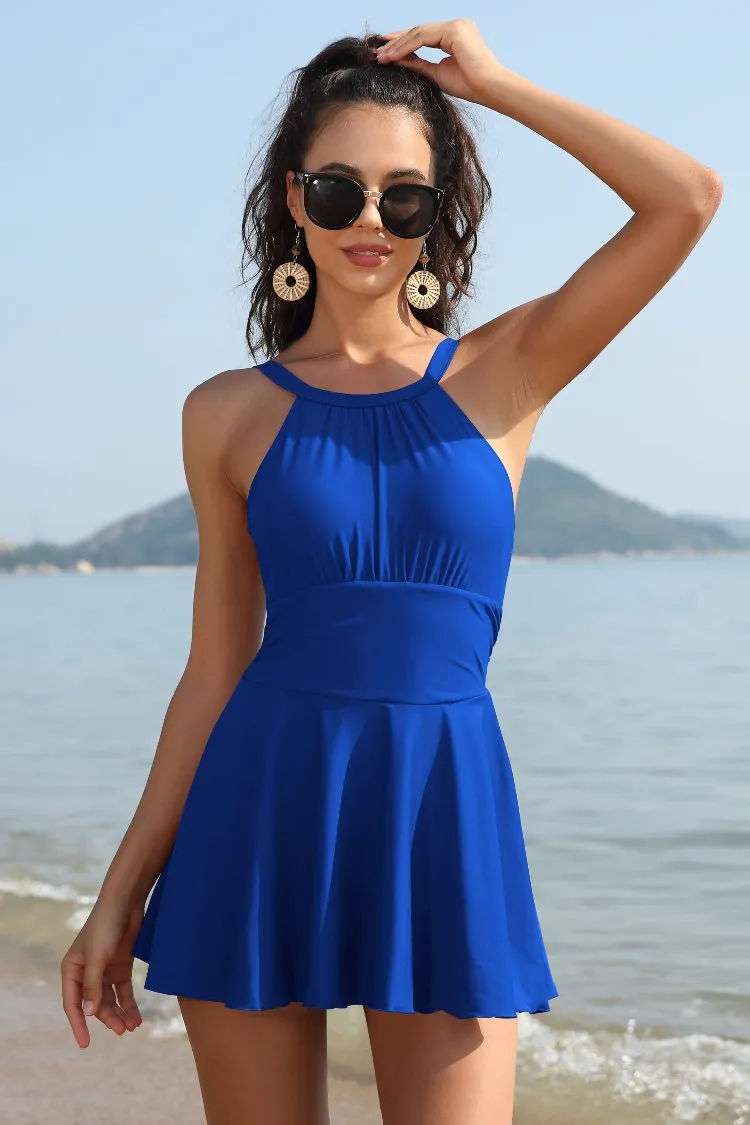 High Neck Ruched Swim Dresses For Women