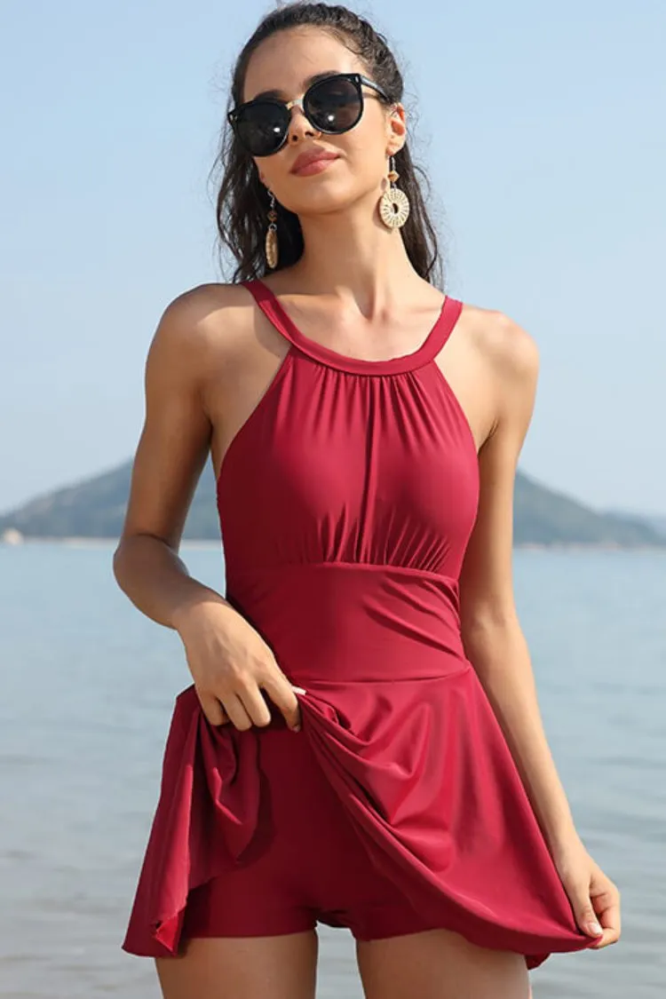 High Neck Ruched Swim Dresses For Women
