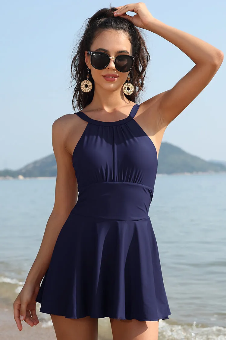 High Neck Ruched Swim Dresses For Women