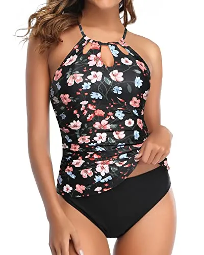 High Neck Ruched Two Piece Tankini Bathing Suit With Push Up Bra For Women-Black And Pink Floral