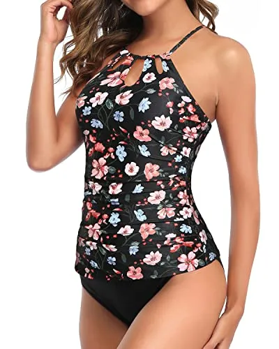 High Neck Ruched Two Piece Tankini Bathing Suit With Push Up Bra For Women-Black And Pink Floral