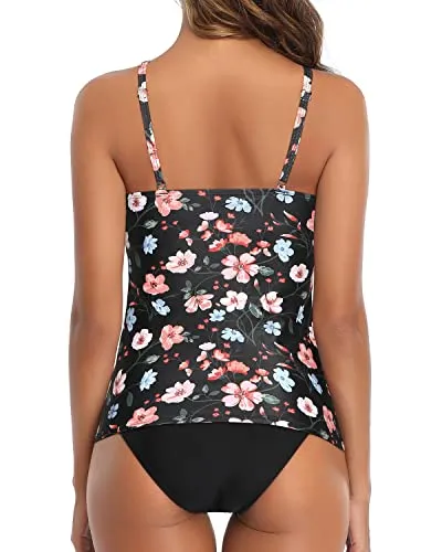 High Neck Ruched Two Piece Tankini Bathing Suit With Push Up Bra For Women-Black And Pink Floral