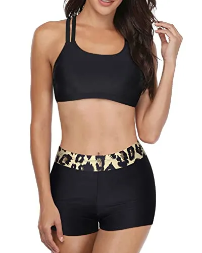 High Neck Tankini Bathing Suit Athletic 3 Piece Swimsuits-Black Leopard