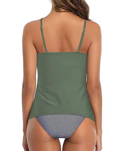 High Neck Tankini Swimsuit For Women Tummy Control Ruched Two Piece-Army Green