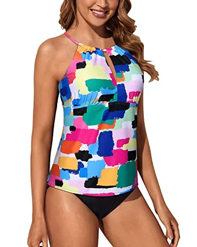 High Neck Tankini Swimsuits Women Two Piece Tummy Control Bathing Suits-Aqua