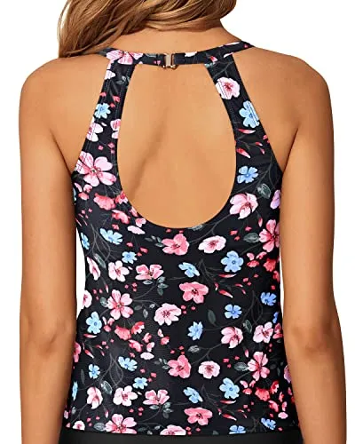 High Neck Tankini Top Halter Keyhole Backless Swim Tank Top-Black Floral
