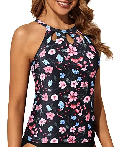 High Neck Tankini Top Halter Keyhole Backless Swim Tank Top-Black Floral