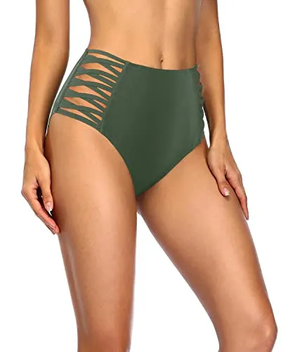 High Rise Ladies Bikini Bottoms Full Coverage Swim Bottom-Olive Green