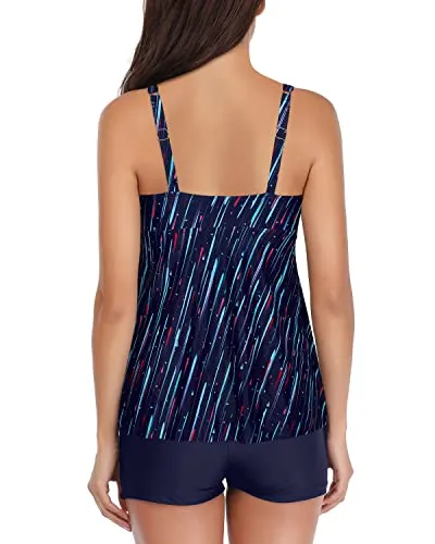 High Waist Boyshorts Swimsuits For Women 2 Piece Tankini-Navy Blue