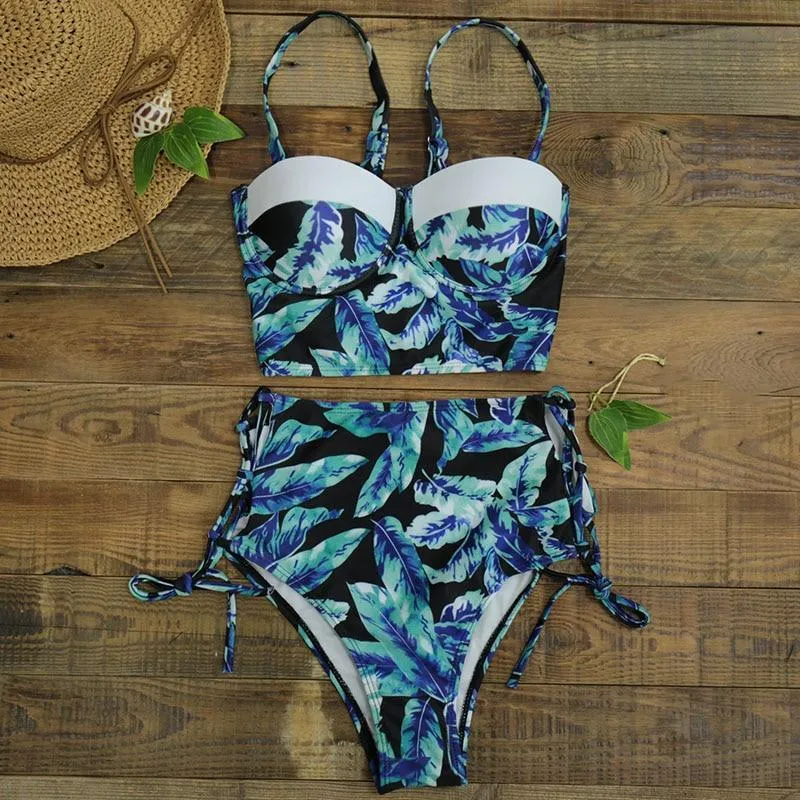 High Waist Swimwear Women Swimsuit Bikini Bandage Set Padded Bathing Suit Leaf Print