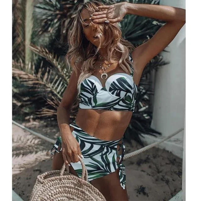High Waist Swimwear Women Swimsuit Bikini Bandage Set Padded Bathing Suit Leaf Print