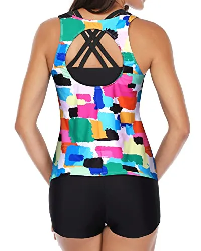 High Waisted Athletic Tankini 3 Piece Swimsuits For Women-Color Tie Dye
