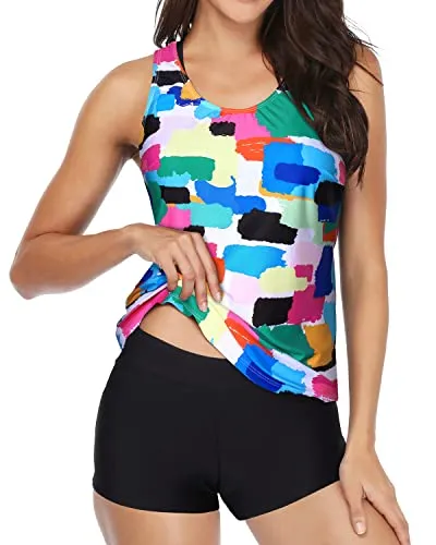 High Waisted Athletic Tankini 3 Piece Swimsuits For Women-Color Tie Dye