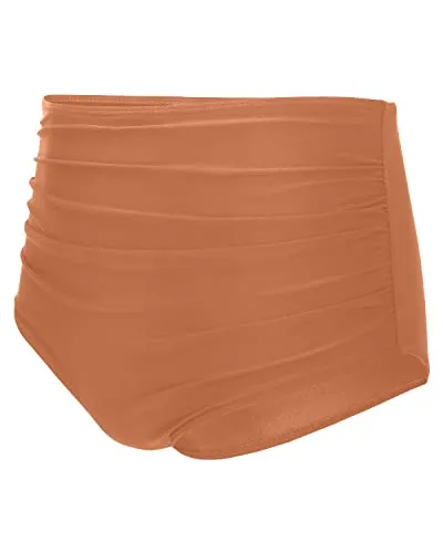High Waisted Bikini Bottom Tankinis Brief Full Coverage Swim Bottom-Brown