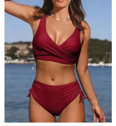 High Waisted Bikini – Seaside Swimwear Cross Strap Solid Color Swimsuit