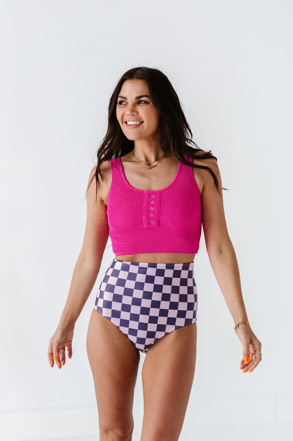 High Waisted Bottoms in Purple Check
