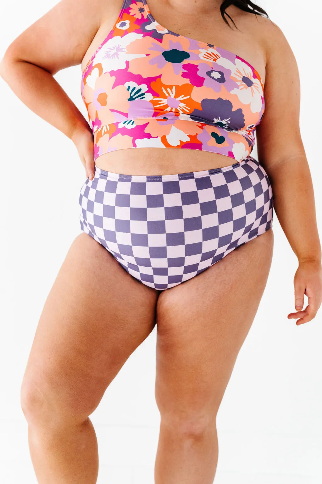 High Waisted Bottoms in Purple Check