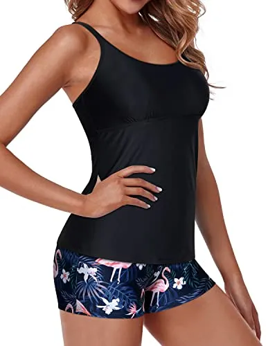 High Waisted Boyshorts Modest Coverage 2 Piece Bathing Suits For Women-Black Flamingo