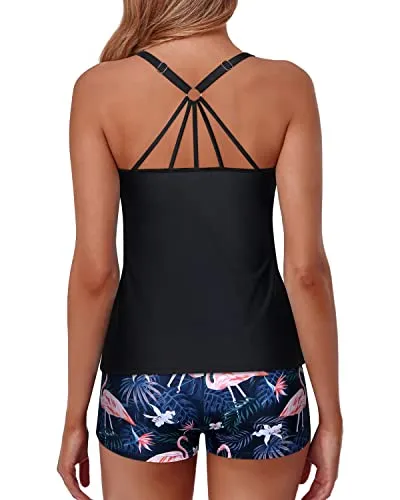 High Waisted Boyshorts Modest Coverage 2 Piece Bathing Suits For Women-Black Flamingo