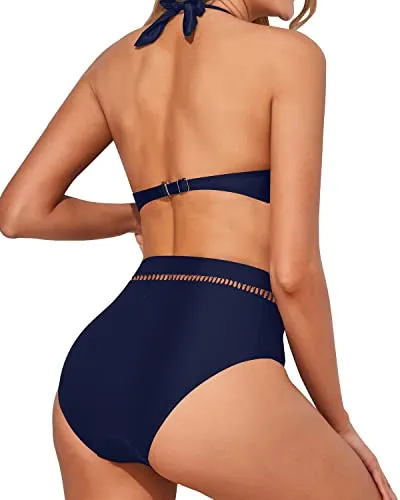 High Waisted Halter Bikini Padded Bra Two Piece Swimsuits-Navy Blue