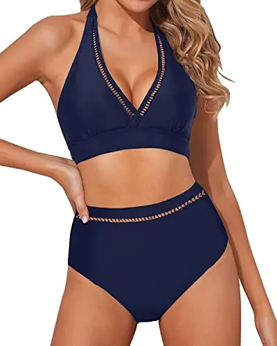 High Waisted Halter Bikini Padded Bra Two Piece Swimsuits-Navy Blue