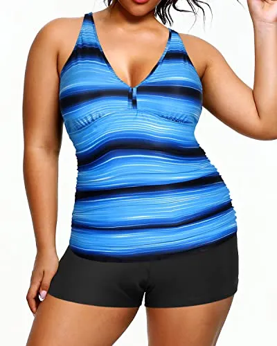 High Waisted Plus Size Tankini Shorts Bathing Suits-Blue And Black Stripe