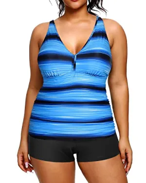 High Waisted Plus Size Tankini Shorts Bathing Suits-Blue And Black Stripe