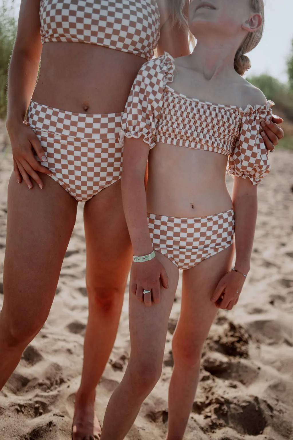 High Waisted Swim Bottoms-Tan Checkered