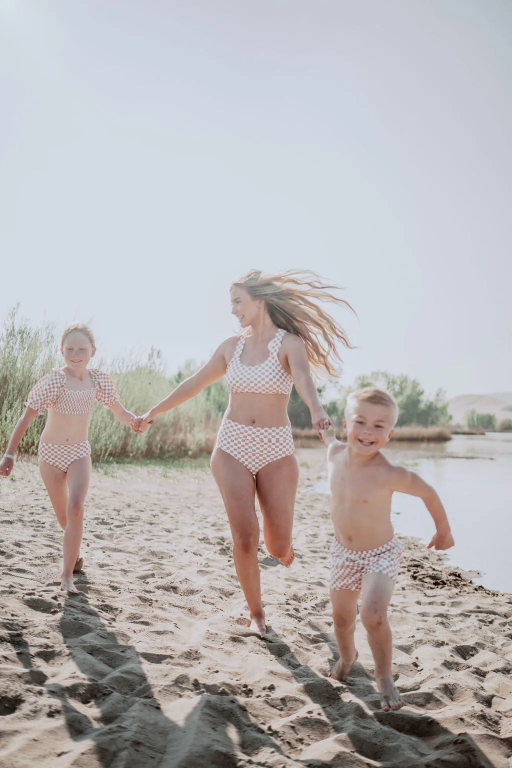 High Waisted Swim Bottoms-Tan Checkered