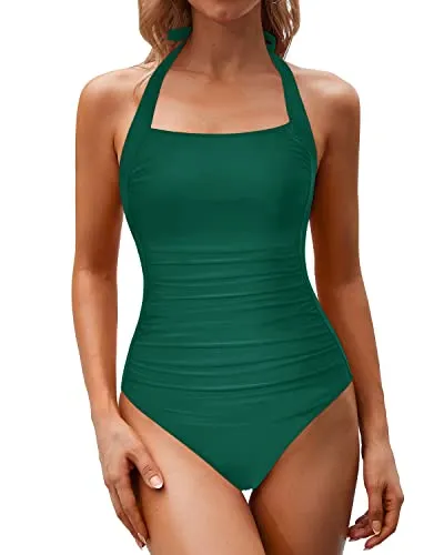 High Waisted Tummy Control Halter Backless Bathing Suits For Women-Emerald Green