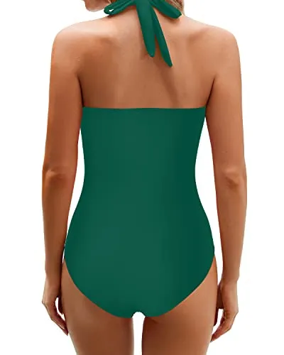 High Waisted Tummy Control Halter Backless Bathing Suits For Women-Emerald Green