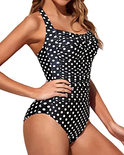 High Waisted Tummy Control Slimming One Piece Swimwear-Black Dot