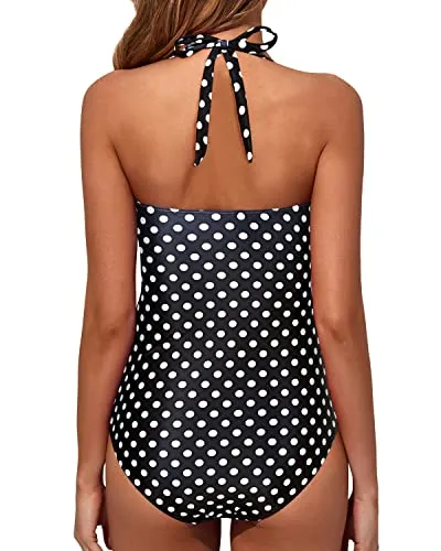 High Waisted Tummy Control Slimming One Piece Swimwear-Black Dot