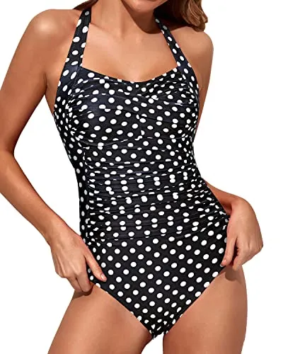 High Waisted Tummy Control Slimming One Piece Swimwear-Black Dot