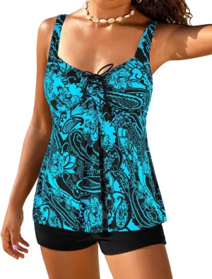 Hilor Women's Plus Size Tankini Swimsuit Flowy Two Piece Bathing Suits Loose Fitting Tankini Swimwear with Shorts