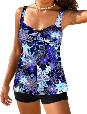 Hilor Women's Plus Size Tankini Swimsuit Flowy Two Piece Bathing Suits Loose Fitting Tankini Swimwear with Shorts