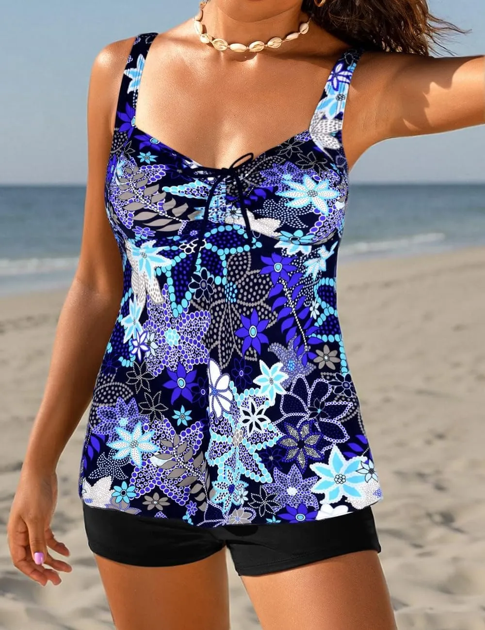 Hilor Women's Plus Size Tankini Swimsuit Flowy Two Piece Bathing Suits Loose Fitting Tankini Swimwear with Shorts