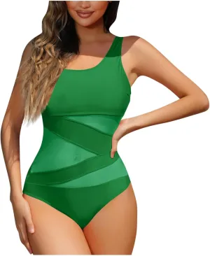 hlysgo Swimsuit for Women One Piece Bathing Suit Mesh Patchwork Adjustable Straps Monokini Tummy Control Modest Swimwear