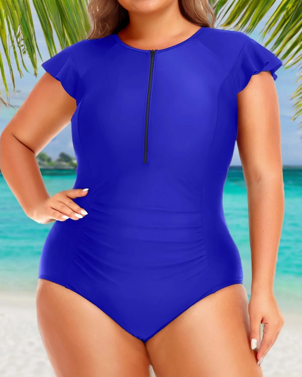 Holipick Plus Size One Piece Swimsuit for Women Tummy Control Cap Sleeves Bathing Suits Zipper Front Rash Guard Swimwear