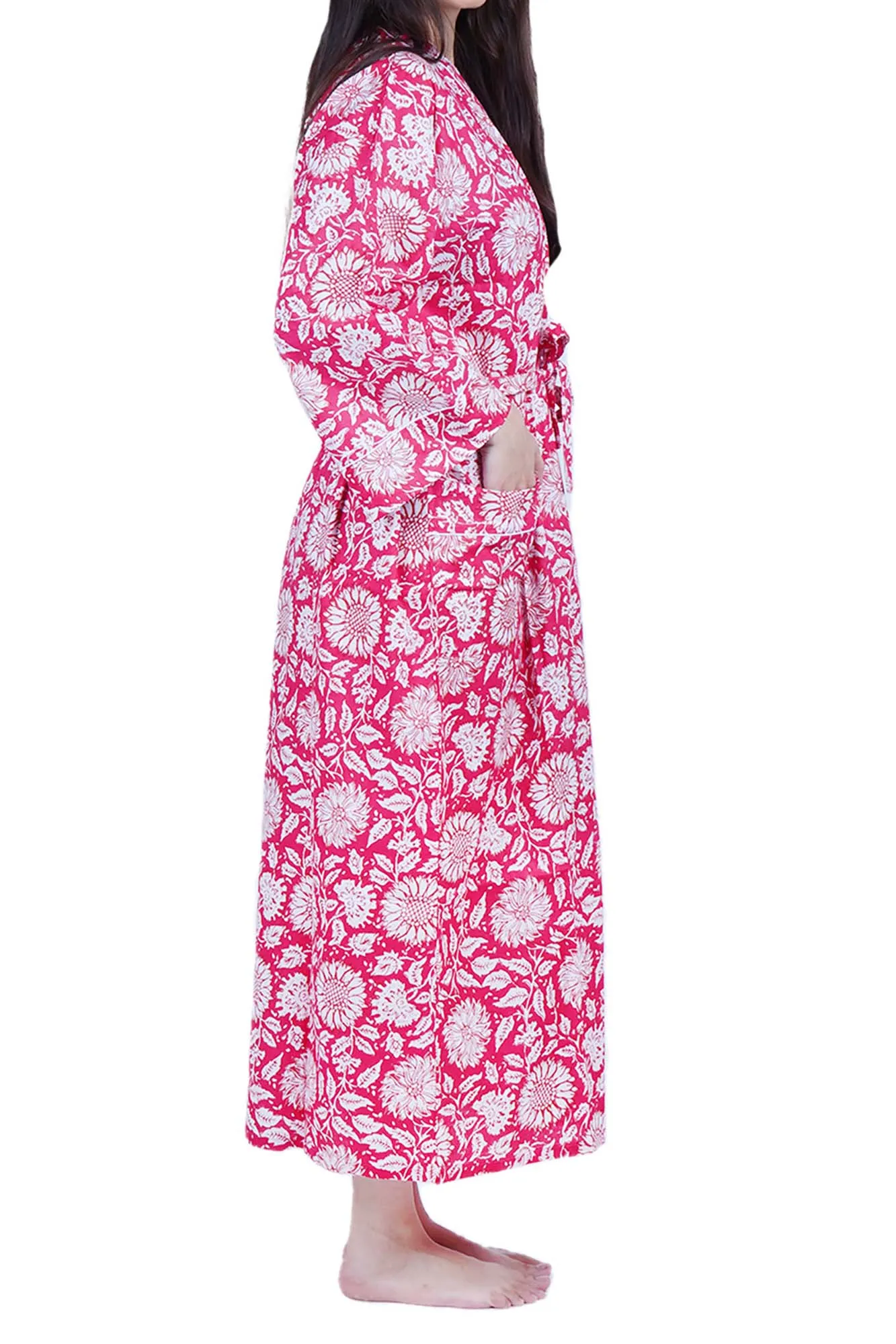 Hot Pink Sunflowers Cotton Kimono Dressing Gown