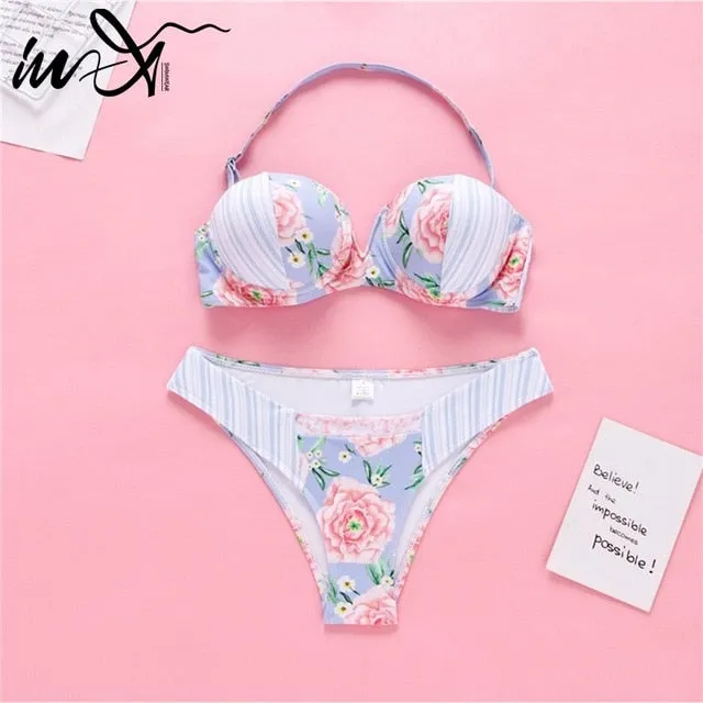 In-X Bandeau sexy two-piece suit Floral print bikini 2019 Micro swimwear women bathers Push up swimsuit female bathing suit XL