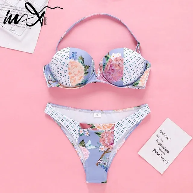In-X Bandeau sexy two-piece suit Floral print bikini 2019 Micro swimwear women bathers Push up swimsuit female bathing suit XL