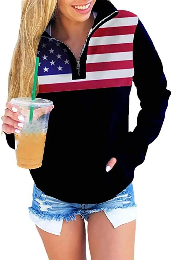 iQKA Women 4th of July USA Flag Print Long Sleeve Lapel Collar 1/4 Zip Up Casual Pullover Shirt Tops with Pocket