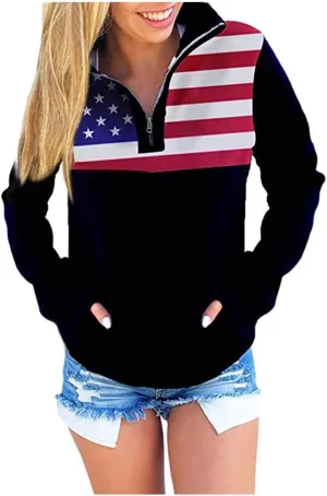 iQKA Women 4th of July USA Flag Print Long Sleeve Lapel Collar 1/4 Zip Up Casual Pullover Shirt Tops with Pocket