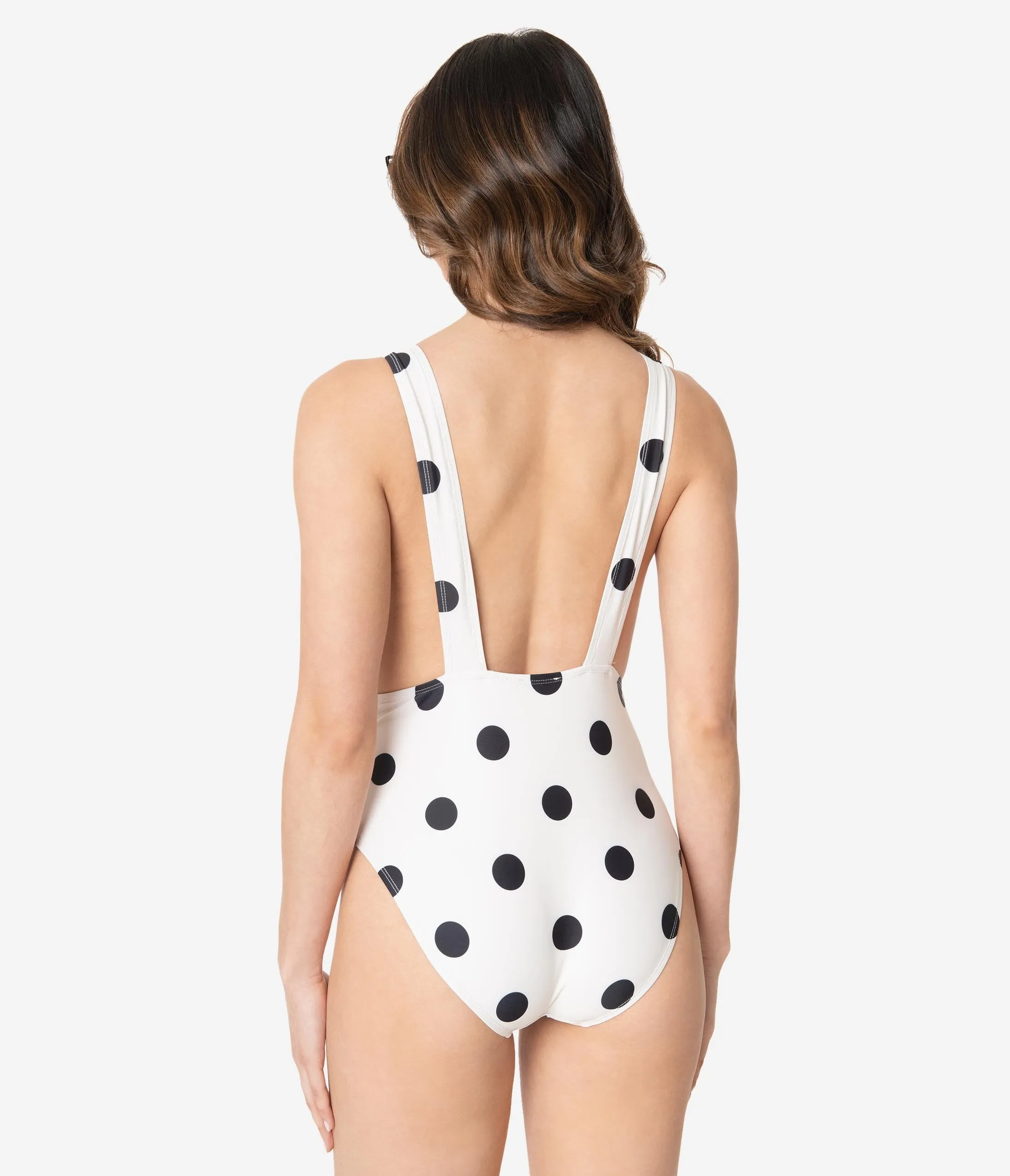 Ivory & Black Polka Dot Plunging Bow One Piece Swimsuit