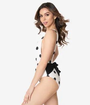 Ivory & Black Polka Dot Plunging Bow One Piece Swimsuit