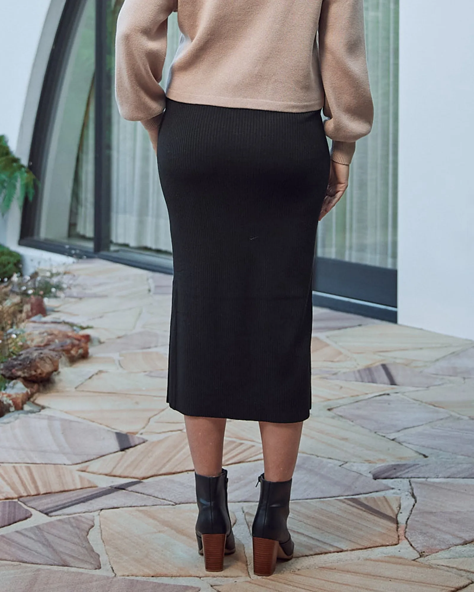 Jade Knitted  Maternity Maxi Skirt with Side Split in Black
