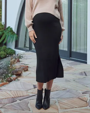 Jade Knitted  Maternity Maxi Skirt with Side Split in Black