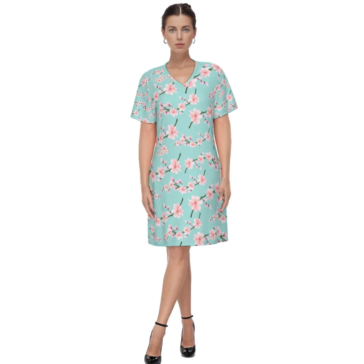 Japanese Pink Flowers Blue Women's V Neck Dress|180GSM Cotton up to 3 XL