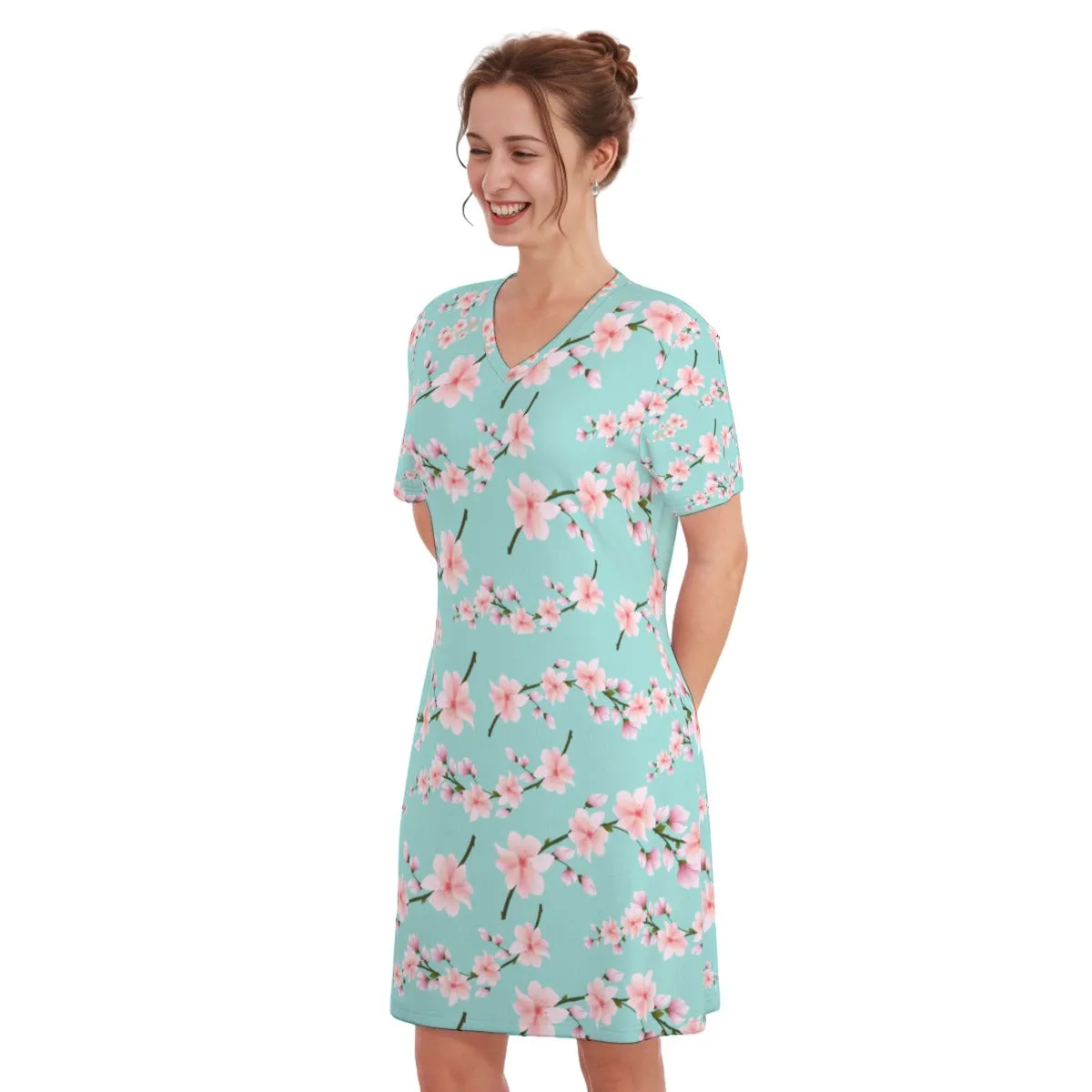 Japanese Pink Flowers Blue Women's V Neck Dress|180GSM Cotton up to 3 XL